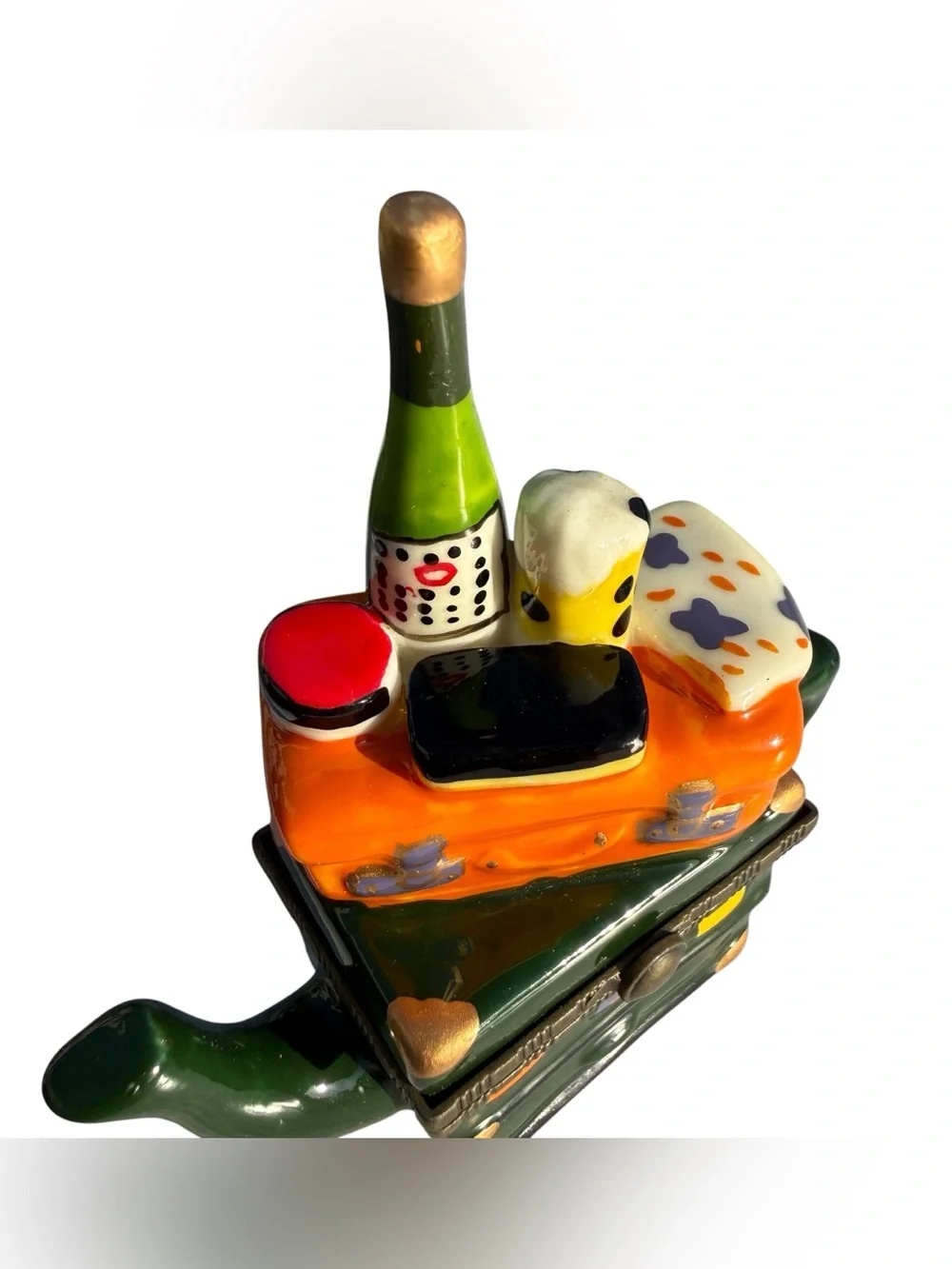 Vintage Travel Suitcase Teapot Trinket Box Champagne Beer Ceramic Jewelry Box 4”